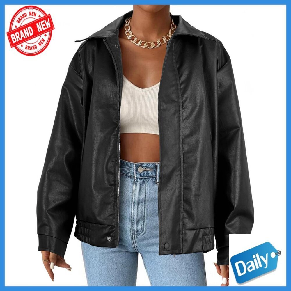 Oversized Faux Leather Motorcycle Jacket, Bomber Coat, Zip Up, Side Pockets